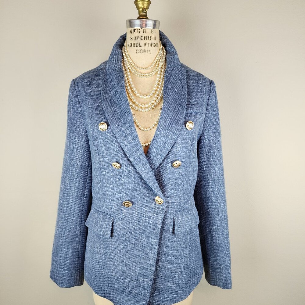 Blue Textured Tweed Long Fitted Peaked Lapel Blazer Jacket Ladies Size Medium